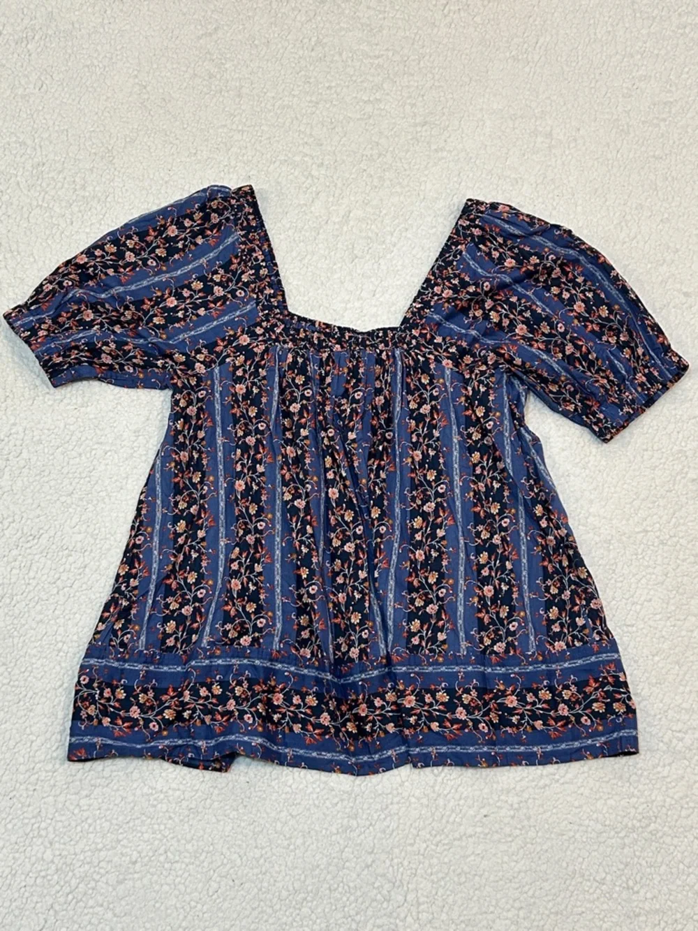 Free People Vintage Lover Blouse Small Dutch Blue Combo Floral Print Puff Sleeve